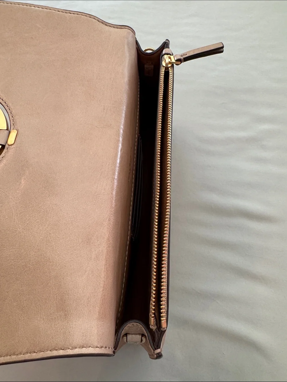Tory Burch Taupe Miller Leather Bag with Gold Logo